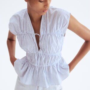 H&M Blue Striped Drawstring Poplin Blouse Top - Size S